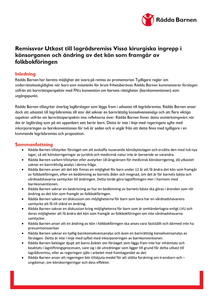 Rädda Barnen Remissvar Utkast till lagrådsremiss Vissa kirurgiska ingrepp i könsorganen och ändrign av det kön som framgår av folkbokföringen.pdf