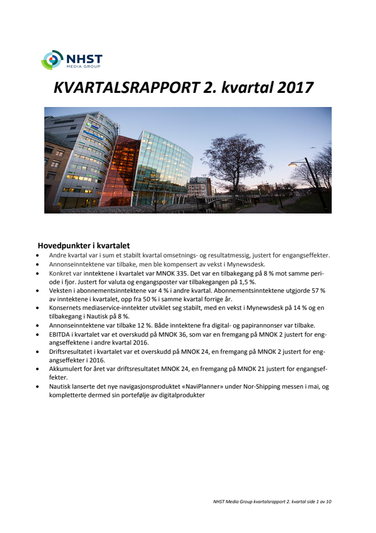 NHST Media Group - Kvartalsrapport 2. kvartal 2017