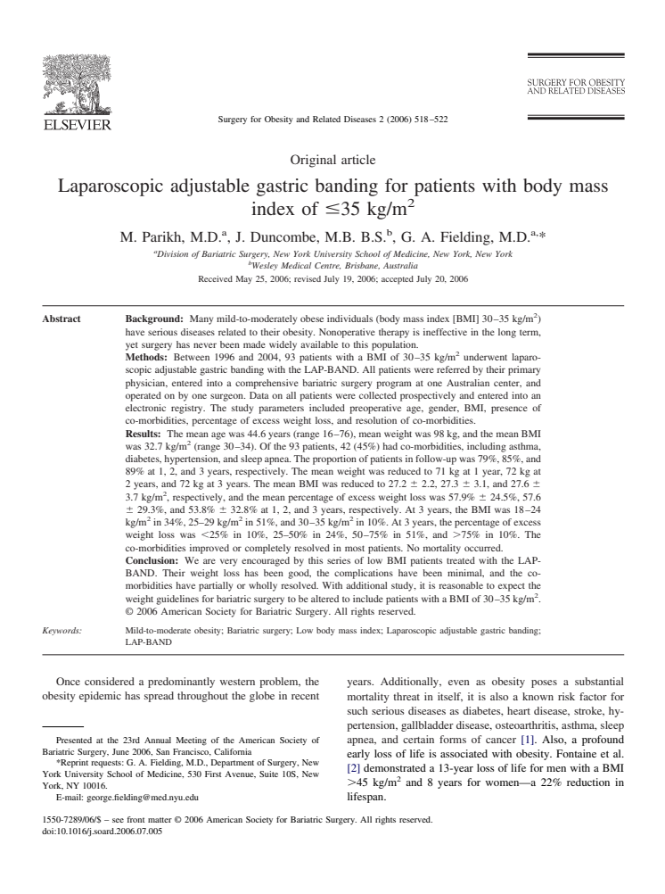 Laparoscopic adjustable banding for patients with body mass index less then BMI 35 