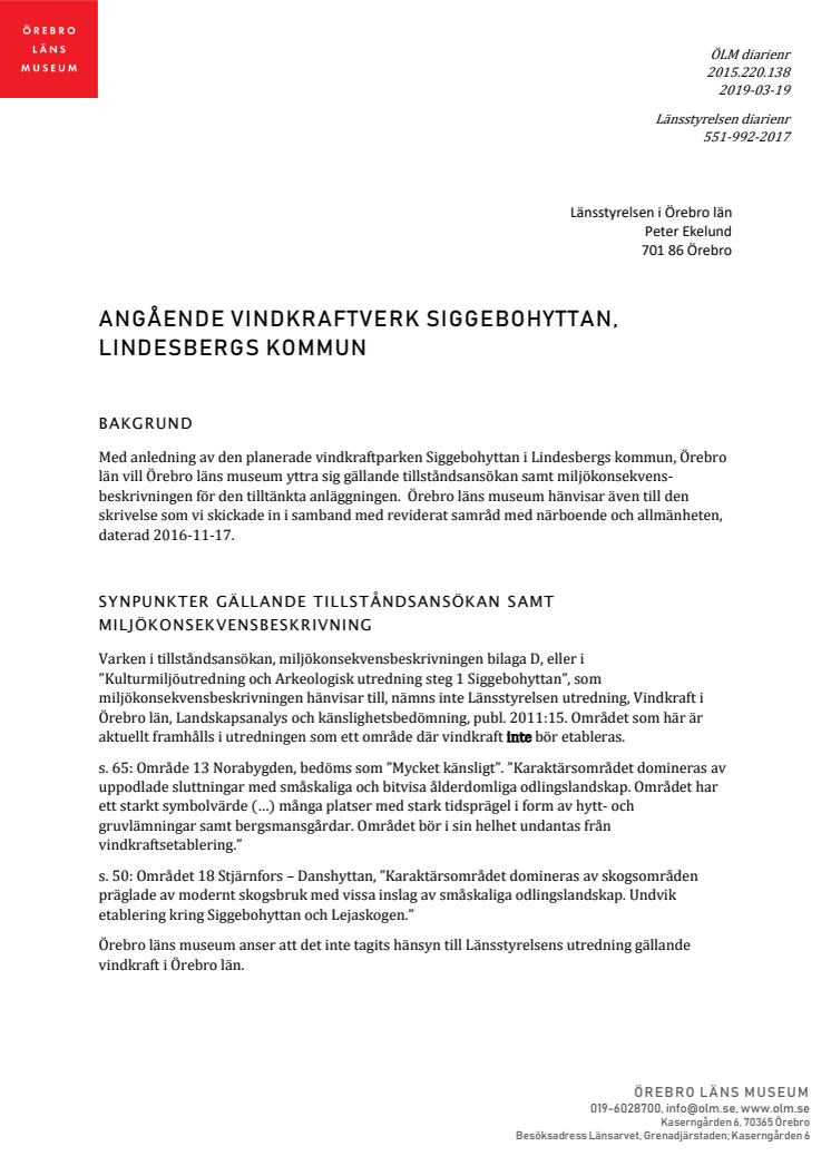 Yttrande vindkraftverk nära Siggebohyttan