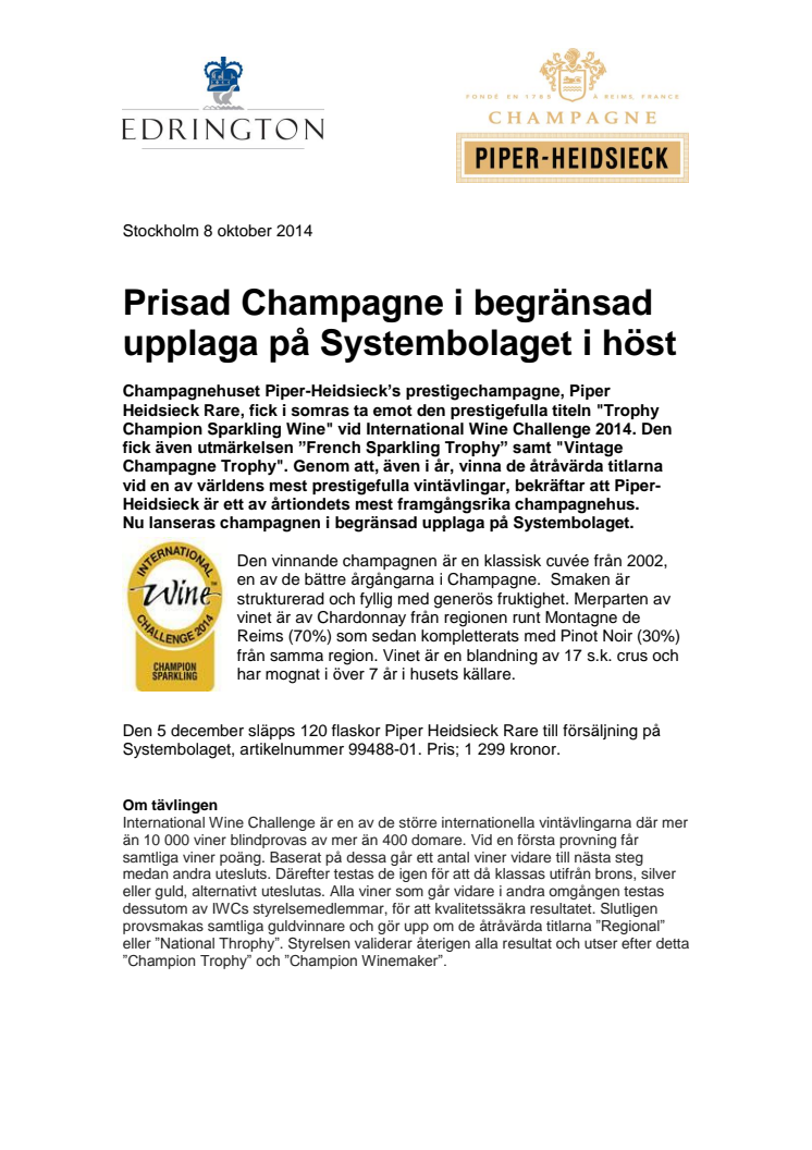 Prisad Champagne i begränsad upplaga på Systembolaget i höst