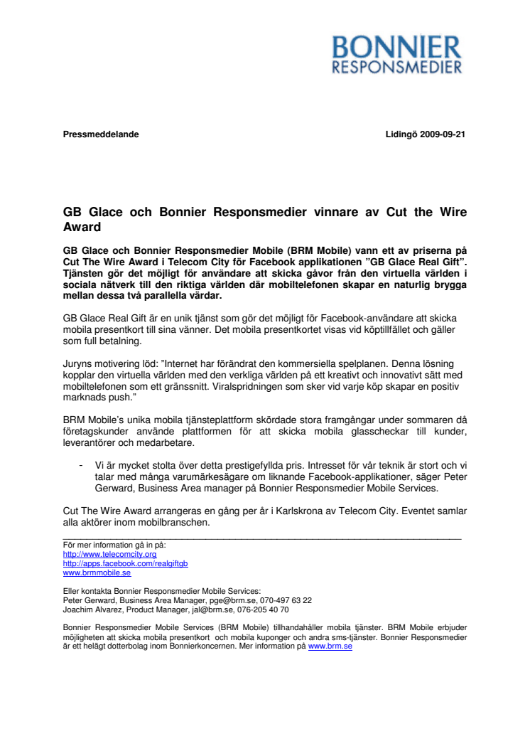 GB Glace och Bonnier Responsmedier vinnare av Cut the Wire Award