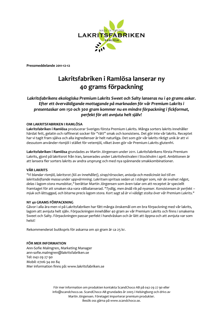Lakritsfabriken i Ramlösa lanserar ny 40 grams förpackning