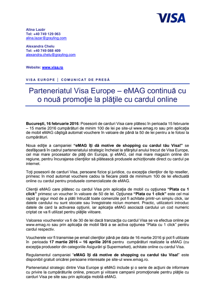 Parteneriatul Visa Europe – eMAG continuă cu o nouă promoţie la plăţile cu cardul online