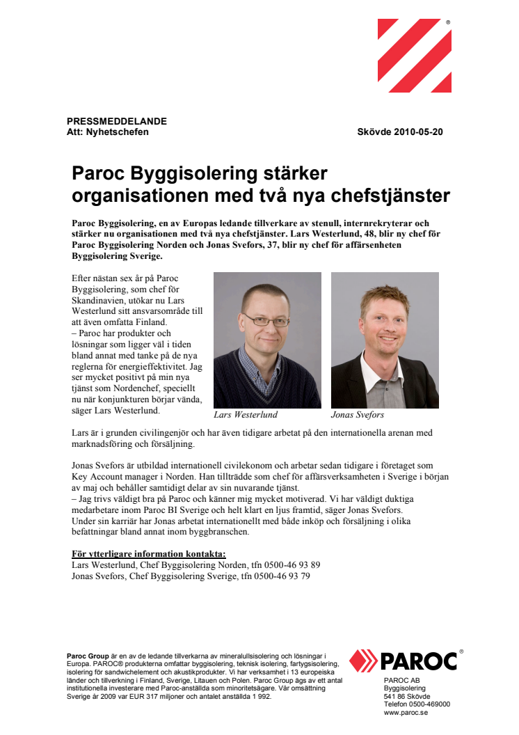 Paroc Byggisolering stärker organisationen med två nya chefstjänster