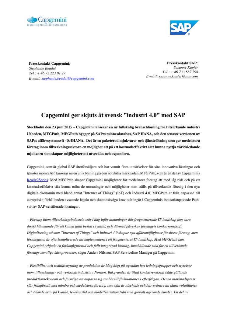 Capgemini ger skjuts åt svensk ”industri 4.0” med SAP