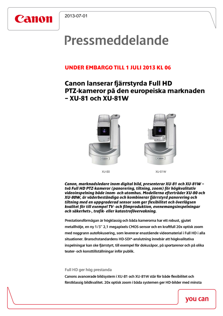 Canon lanserar fjärrstyrda Full HD PTZ kameror på den europeiska marknaden – XU-81 och XU-81W 