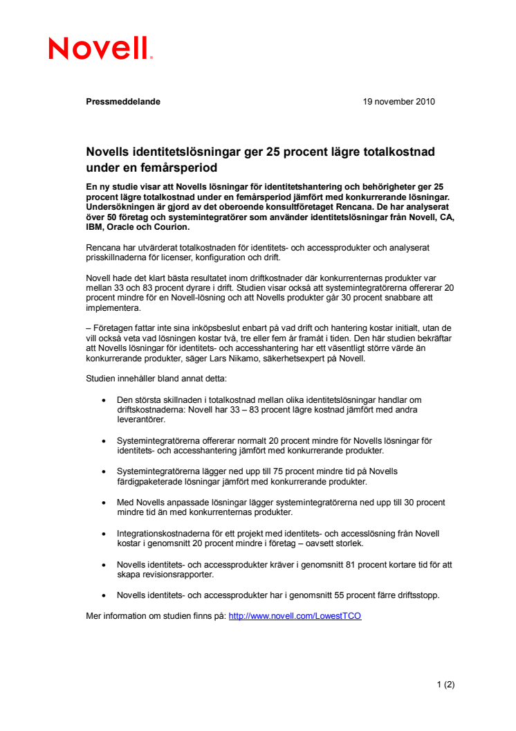 Novells identitetslösningar ger 25 procent lägre totalkostnad under en femårsperiod