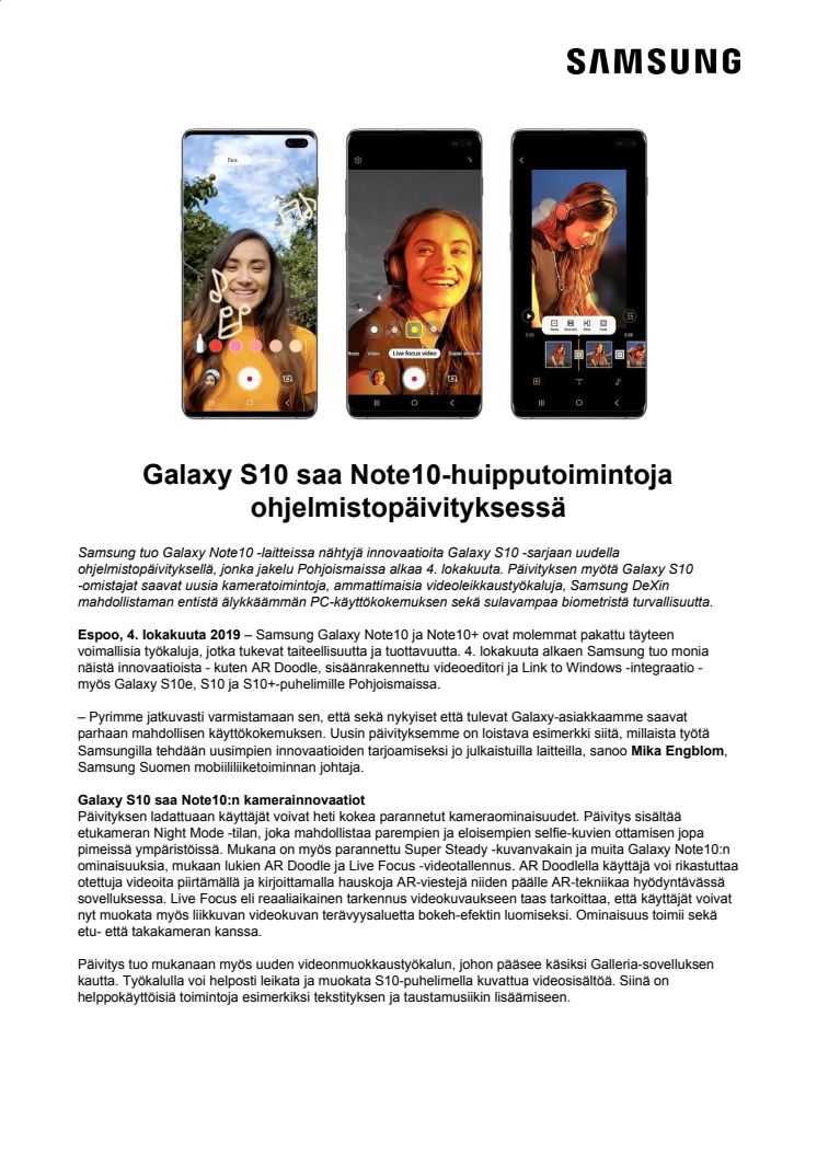 Galaxy S10 saa Note10-huipputoimintoja ohjelmistopäivityksessä