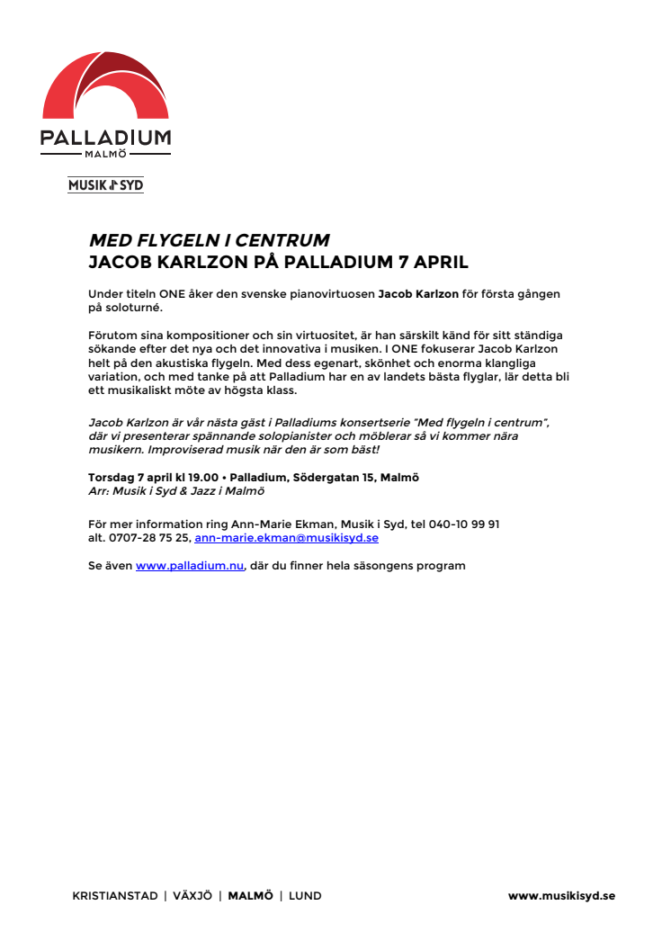 Med flygeln i centrum – Jacob Karlzon på Palladium Malmö 7 april