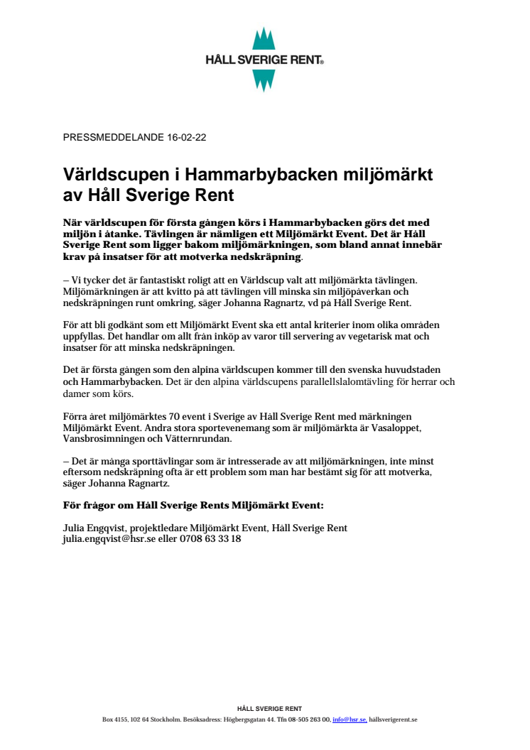 Världscupen i Hammarbybacken miljömärkt av Håll Sverige Rent