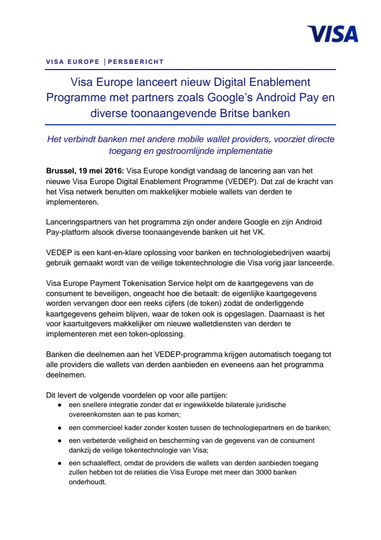 Visa Europe lanceert nieuw Digital Enablement Programme met partners zoals Google’s Android Pay en diverse toonaangevende Britse banken