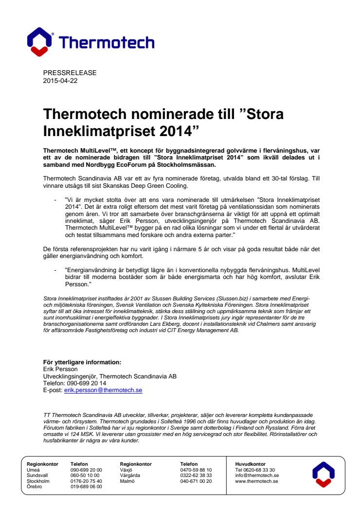 Thermotech nominerade till ”Stora Inneklimatpriset 2014”