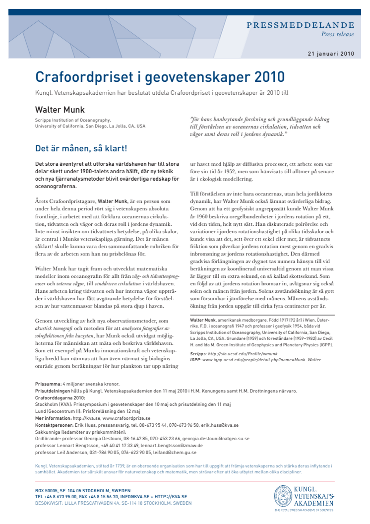 Crafoordpriset i geovetenskaper 2010
