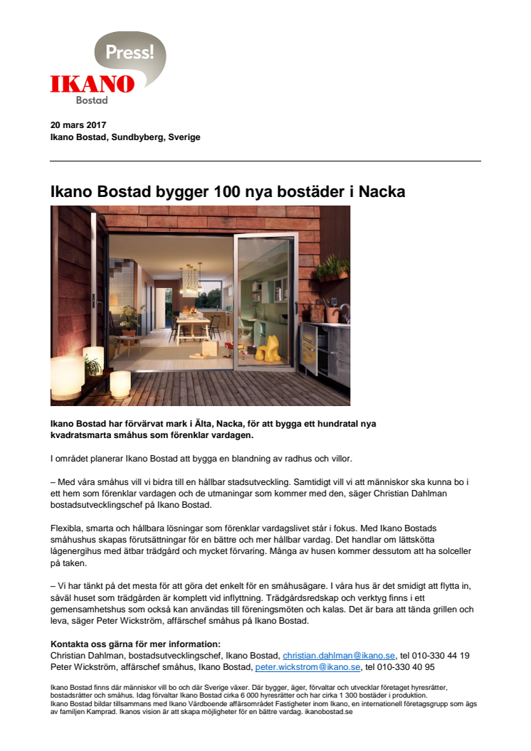Ikano Bostad bygger 100 nya bostäder i Nacka