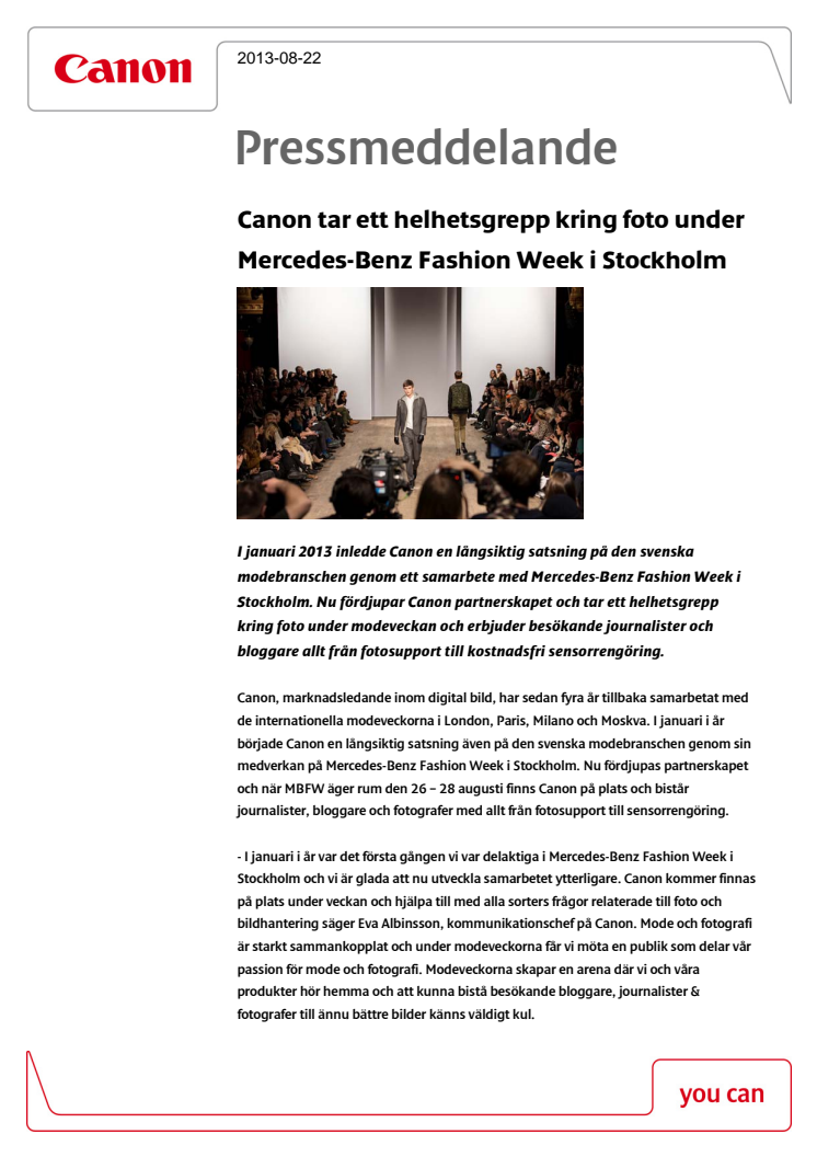 Canon tar ett helhetsgrepp kring foto under Mercedes-Benz Fashion Week i Stockholm