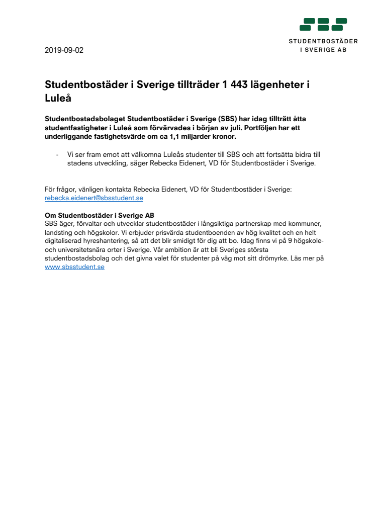 Studentbostäder i Sverige tillträder 1 443 lägenheter i Luleå