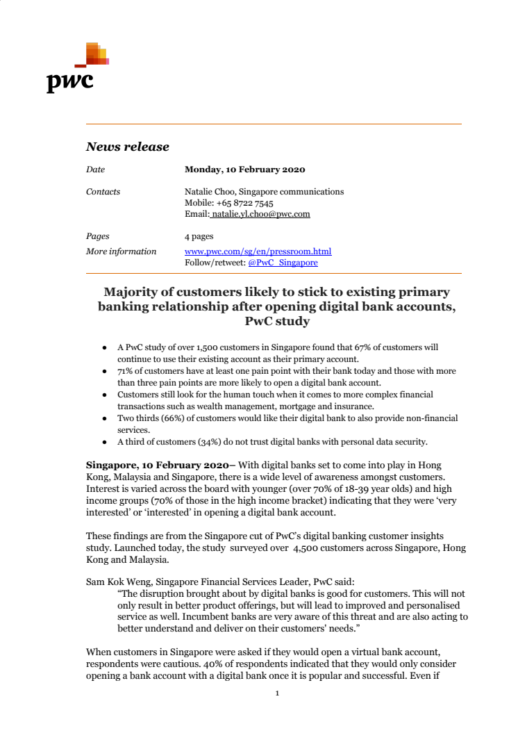 Majority of customers likely to stick to existing primary banking relationship after opening digital bank accounts, PwC study