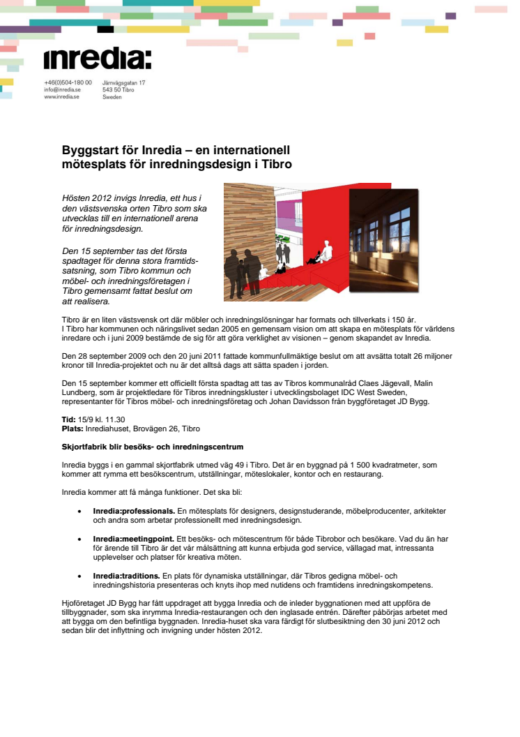 Byggstart för Inredia – en internationell mötesplats för inredningsdesign i Tibro