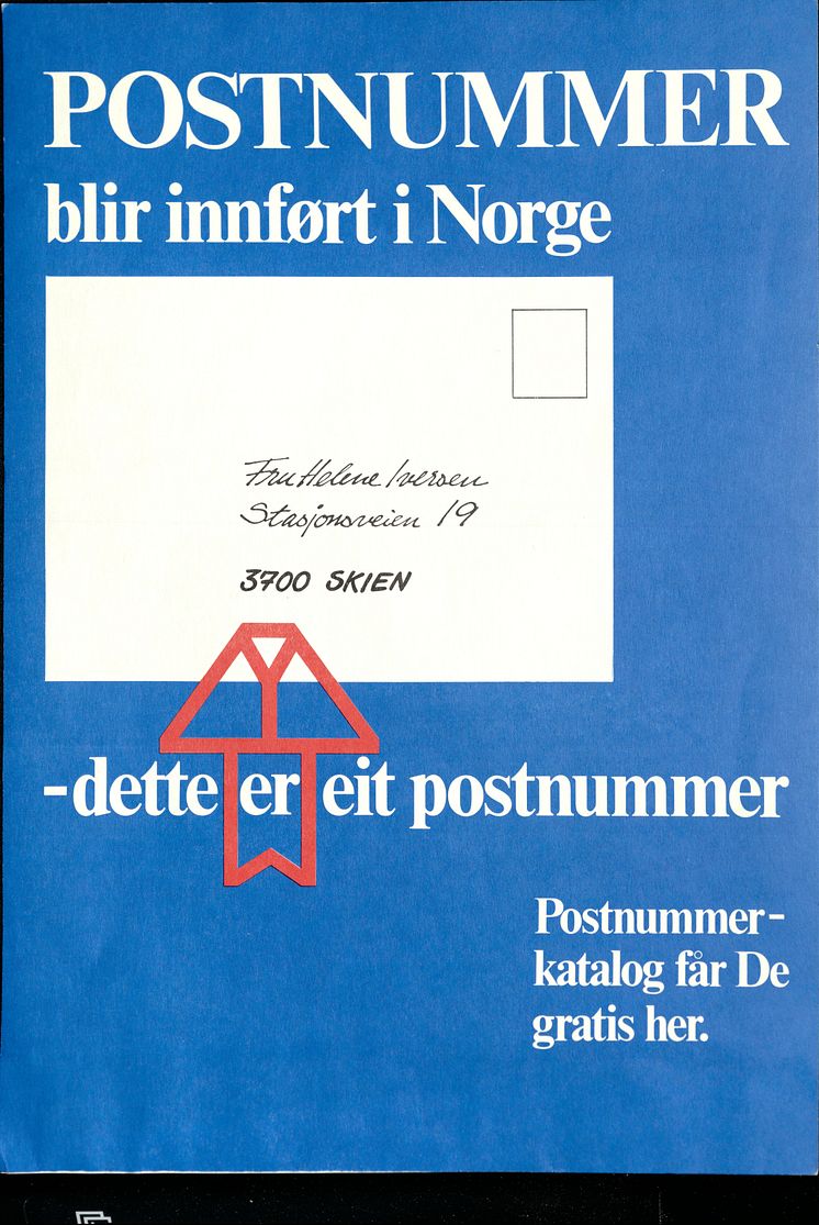"Dette er eit postnummer" med pil opp på de fire sifrene var den tydelige beskjeden på denne plakaten, som var å finne på tusenvis av postkontorer rundt over hele landet i 1968.