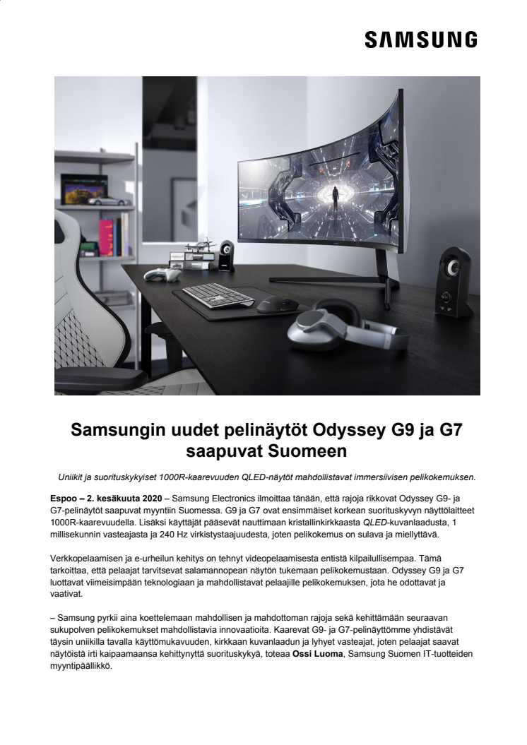 Samsungin uudet pelinäytöt Odyssey G9 ja G7 saapuvat Suomeen