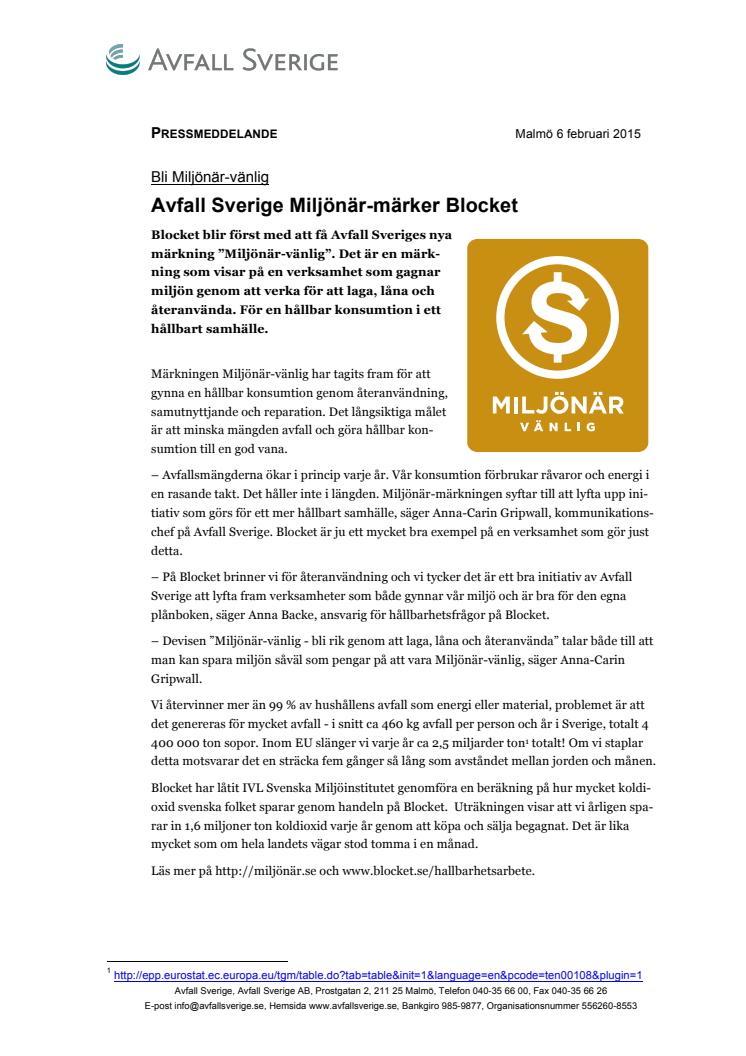Avfall Sverige Miljönär-märker Blocket