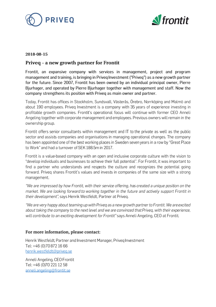 Priveq - a new growth partner for Frontit