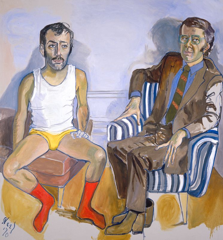 Alice Neel, David Bourdon and Gregory Battcock, 1970. Olje på lerret, 151.8 × 142.2 cm. Blanton Museum of Art, The University of Texas at Austin, Archer M. Huntington Museum Fund, 1983. © The Estate of Alice Neel