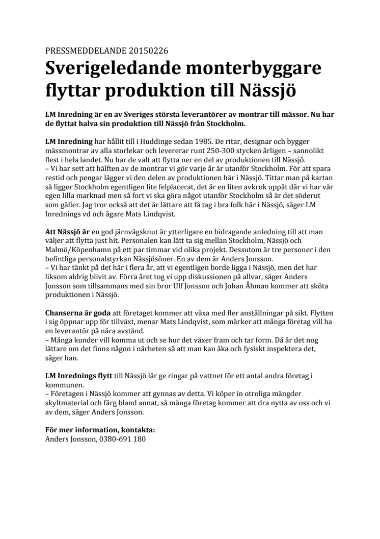Sverigeledande monterbyggare flyttar produktion till Nässjö 