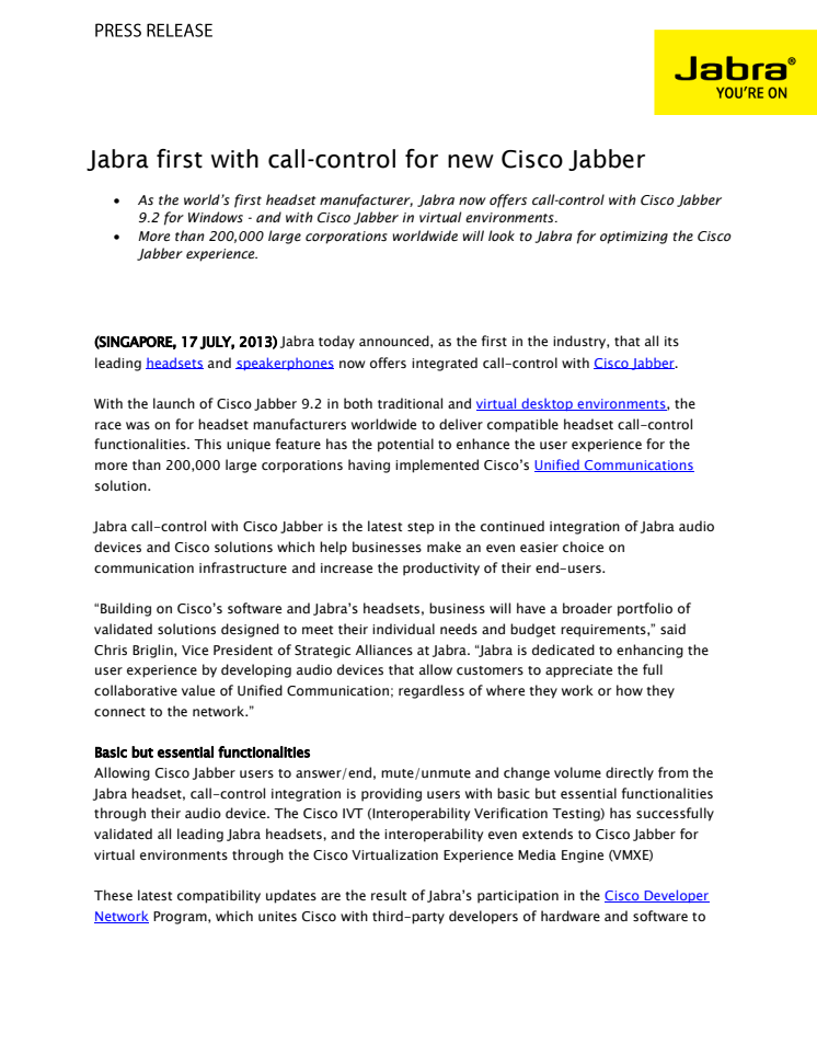 Jabra first with call-control for new Cisco Jabber