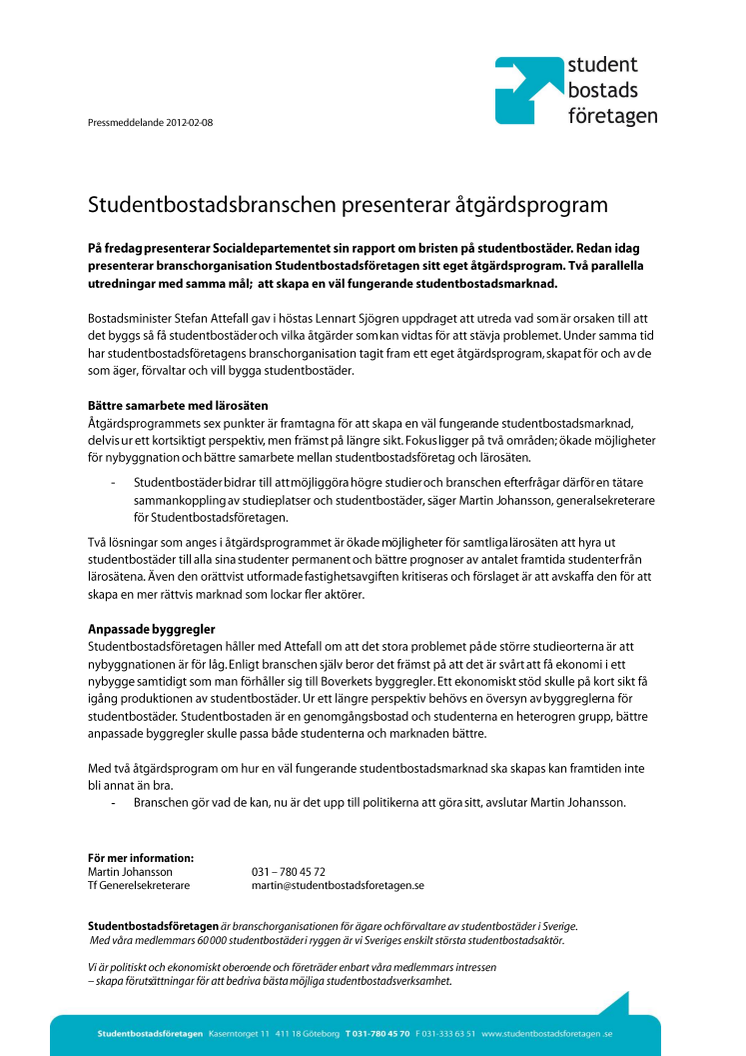 Studentbostadsbranschen presenterar åtgärdsprogram