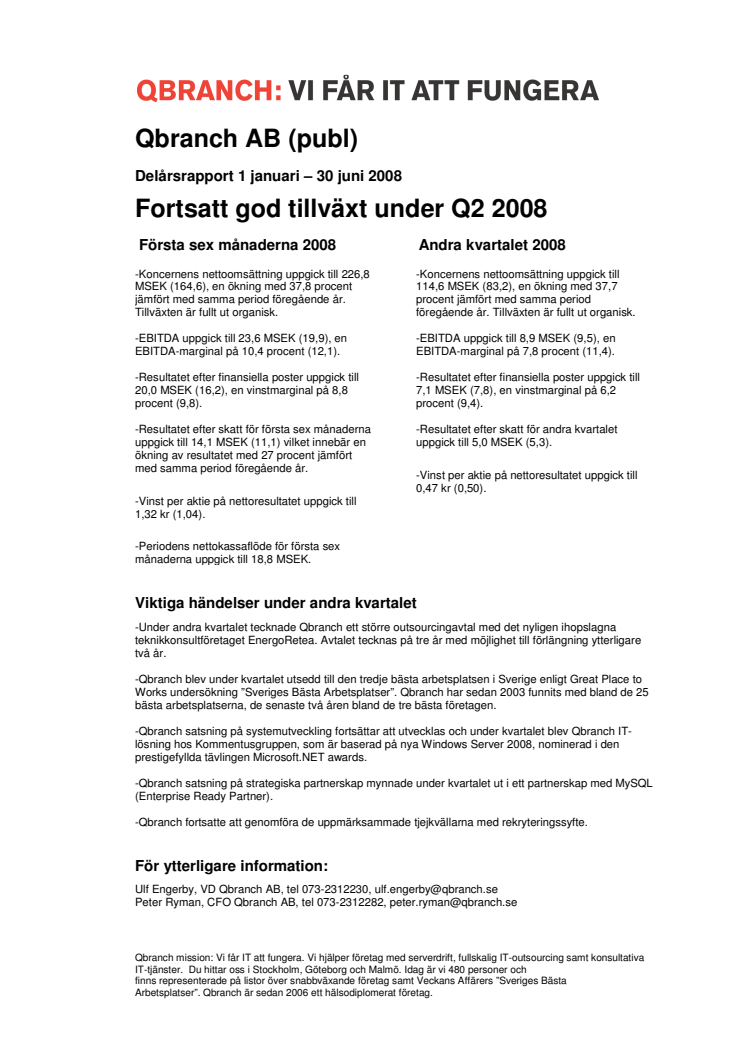 QBRANCH: FORTSATT GOD TILLVÄXT UNDER Q2 2008