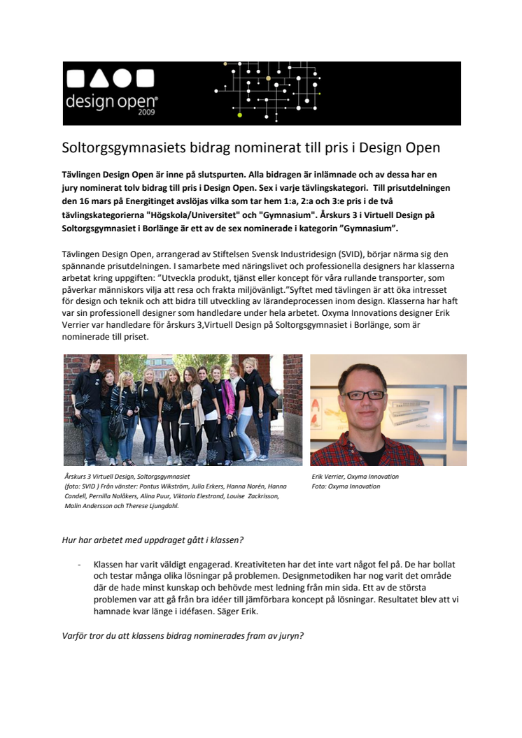 Soltorgsgymnasiets bidrag nominerat till pris i Design Open 