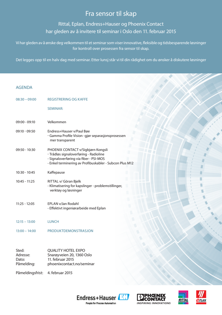 Invitasjon til seminar 11.2. med Rittal, Epla, Endress+Hauser og Phoenix Contact