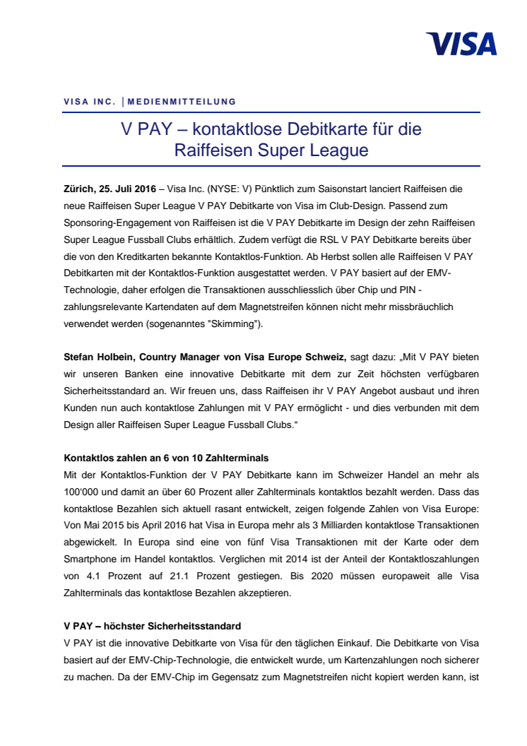 V PAY – kontaktlose Debitkarte für die  Raiffeisen Super League 