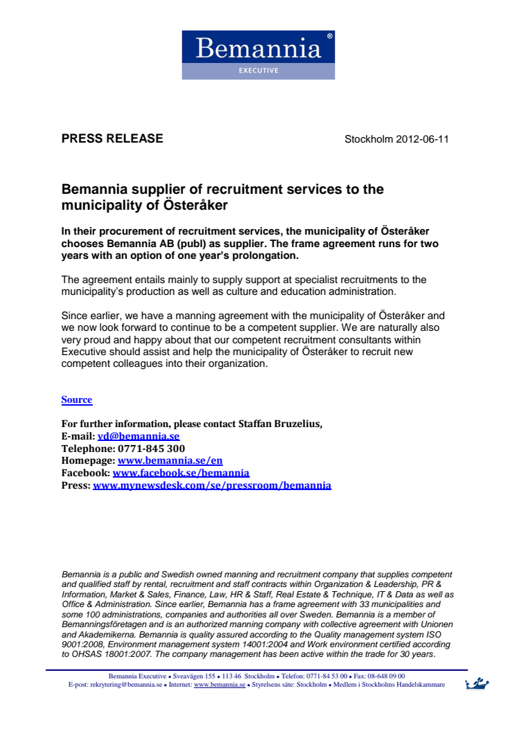 Bemannia supplier of recruitment services to the municipality of Österåker