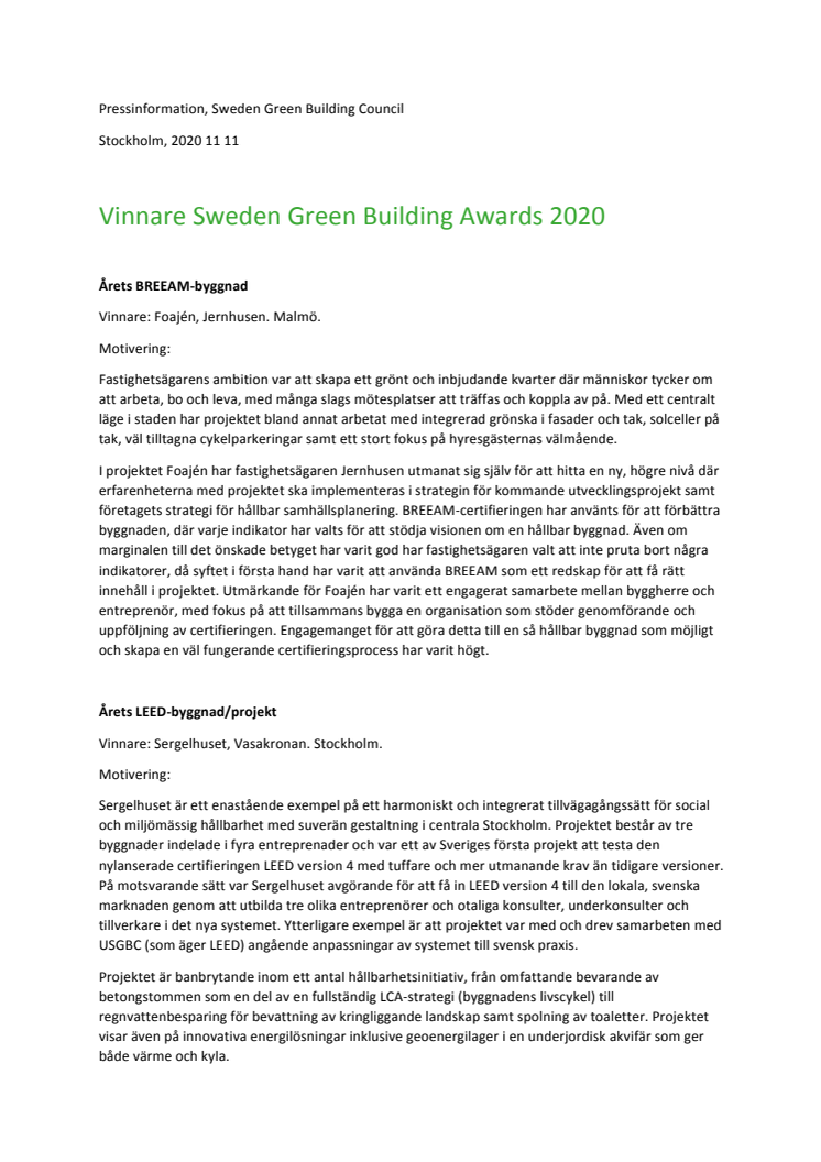 Årets vinnare i Sweden Green Building Awards 