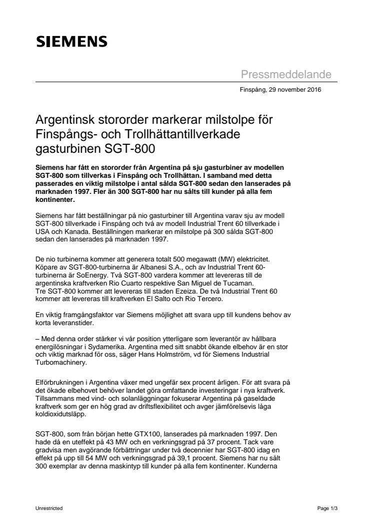 Argentinsk stororder markerar milstolpe för Finspångs- och Trollhättantillverkade gasturbinen SGT-800 