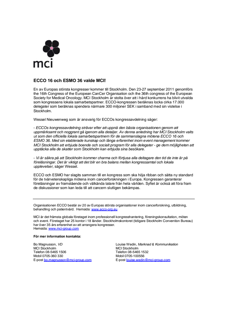 ECCO/ESMO-kongressen valde MCI!