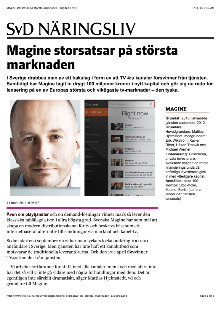 Svenska Dagbladet om Magines satsning i Tyskland