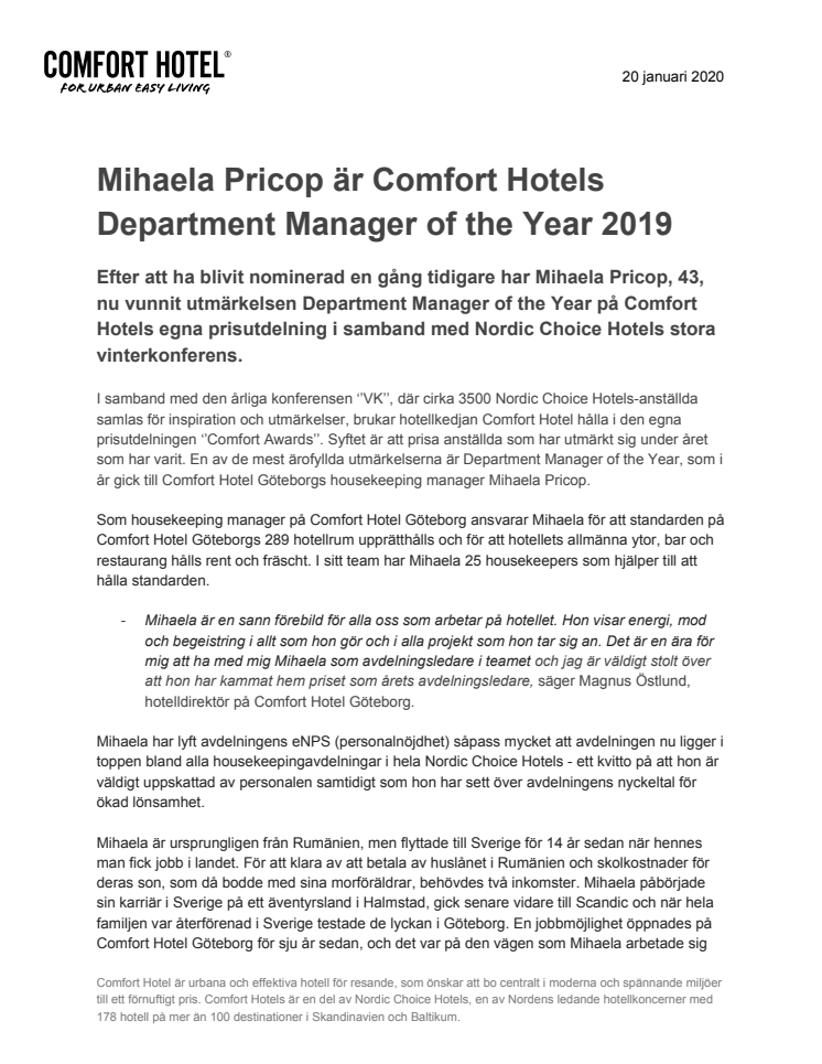 Mihaela Pricop är Comfort Hotels Department Manager of the Year 2019