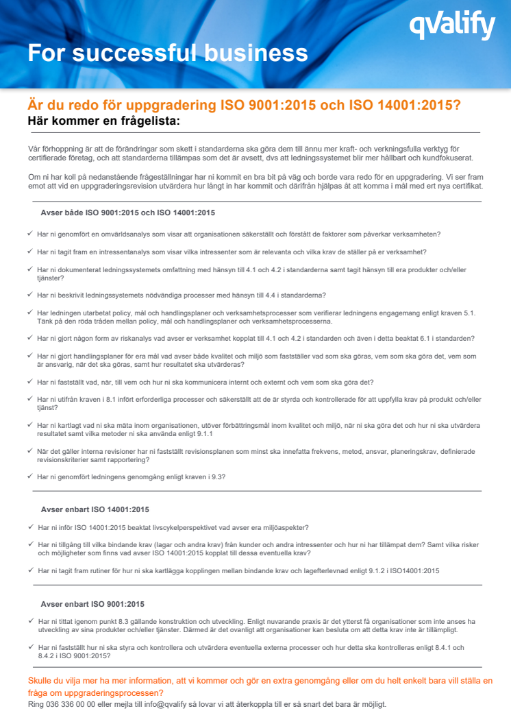 Är du redo för uppgradering ISO 9001:2015 och ISO 14001:2015?