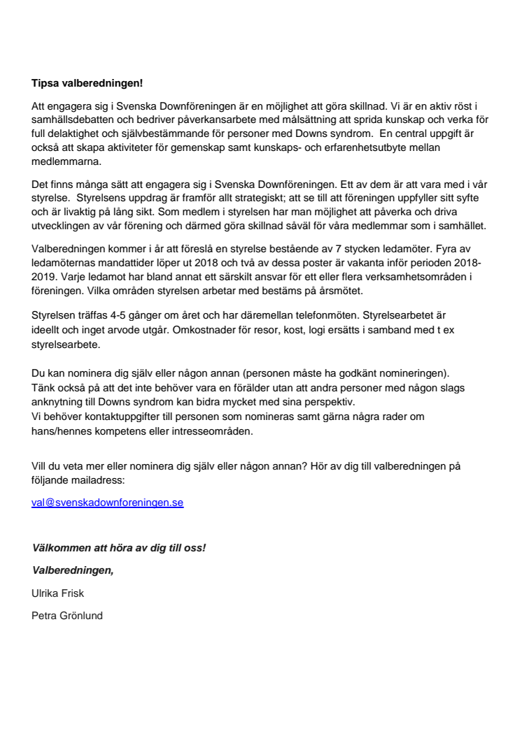Tipsa Valberedningen inför Årsmötet 2018