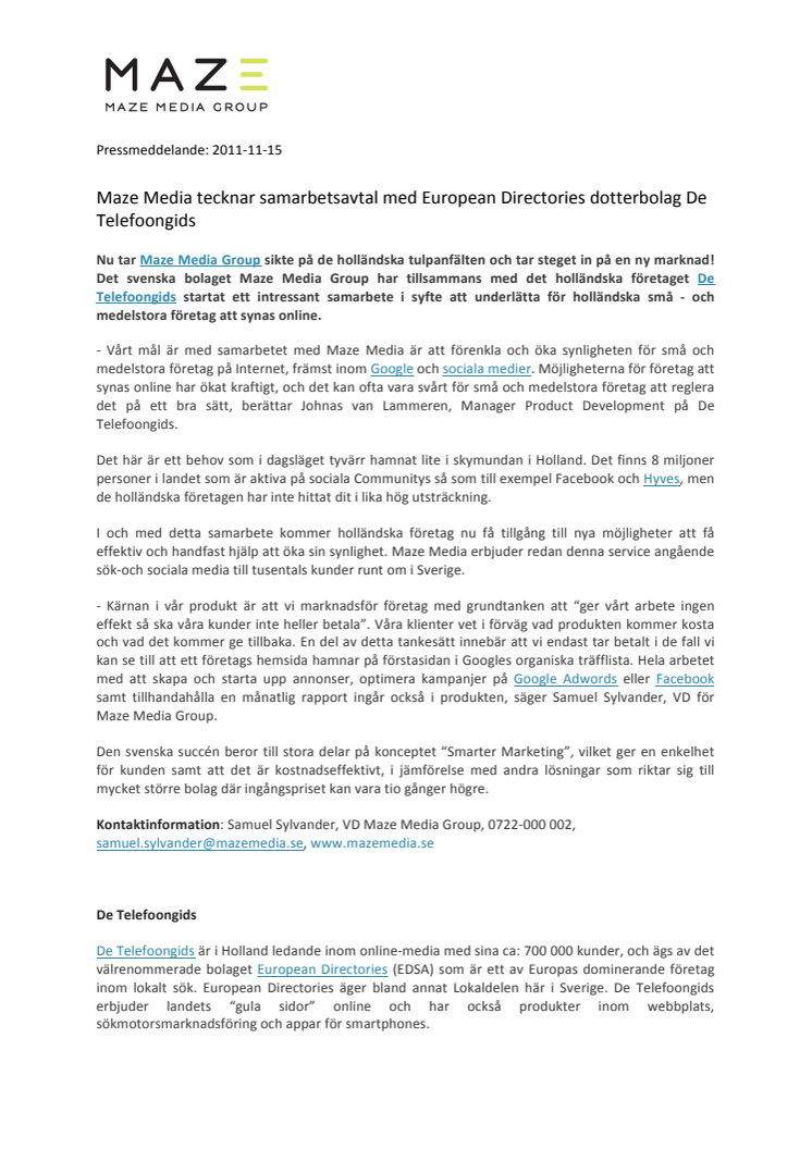 Maze Media tecknar samarbetsavtal med European Directories dotterbolag De Telefoongids