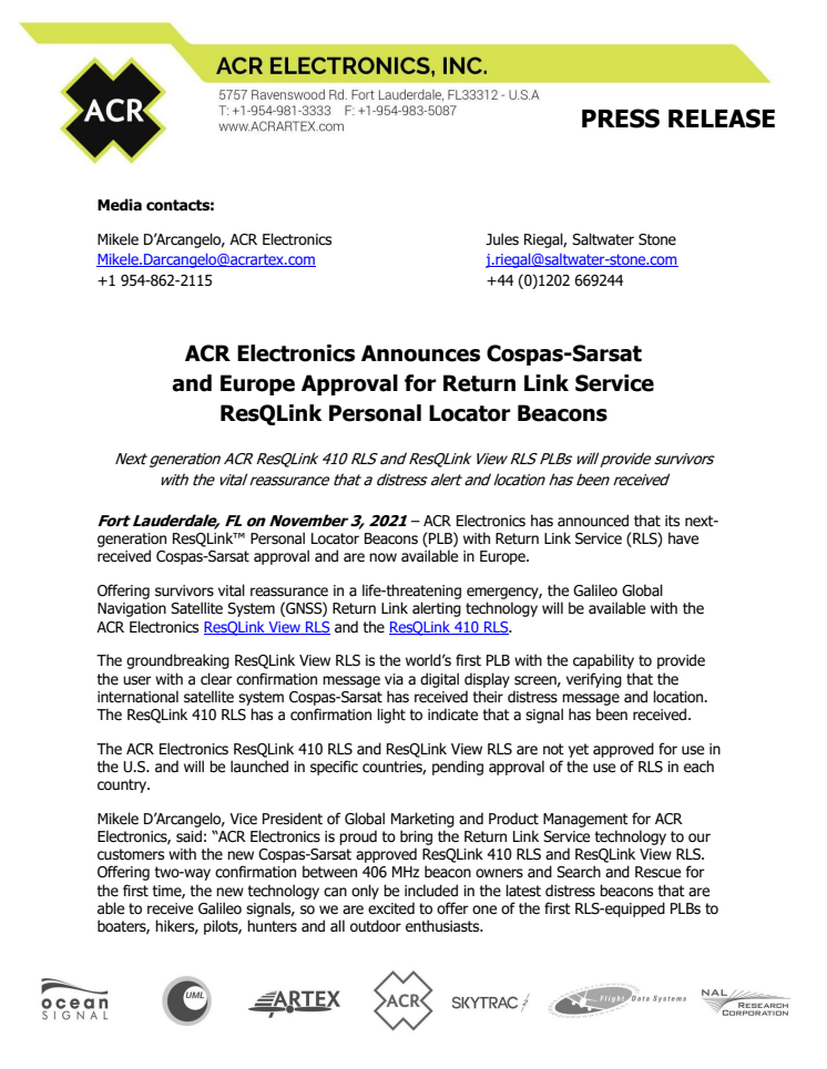 November 2021 - ACR Electronics Announces Cospas-Sarsat Aproval for Return Link Service ResQLink PLBs.US.pdf