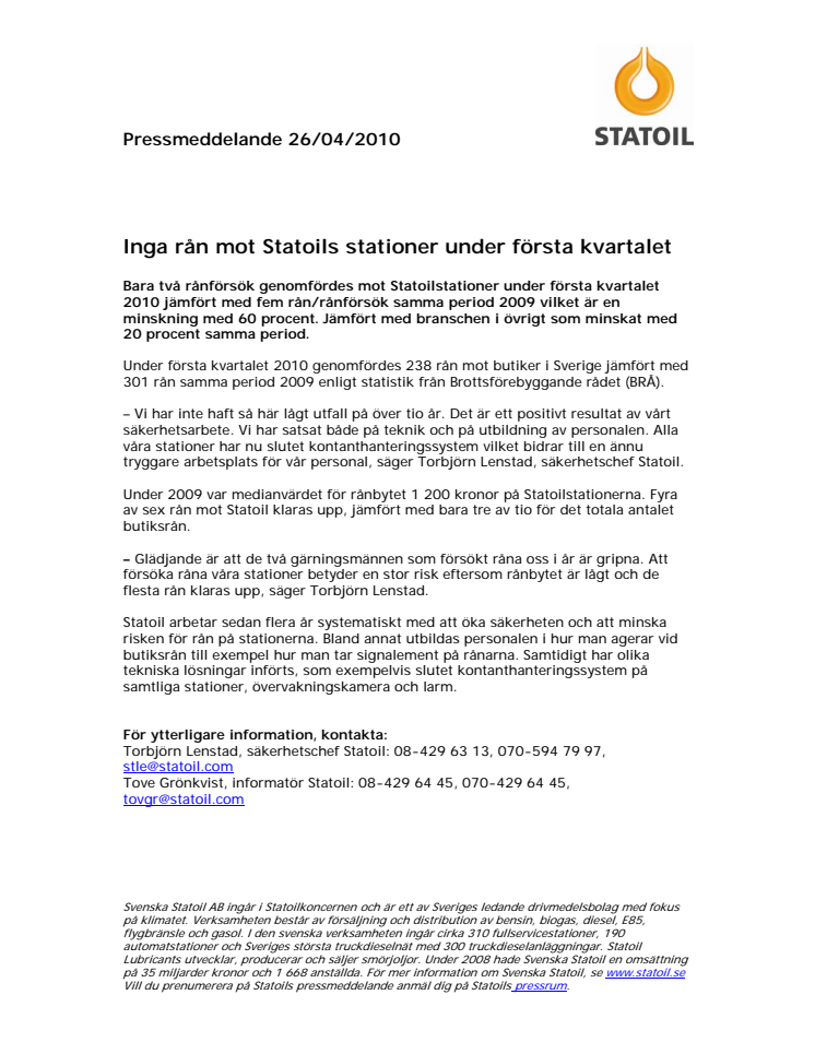 Inga rån mot Statoils stationer under första kvartalet 