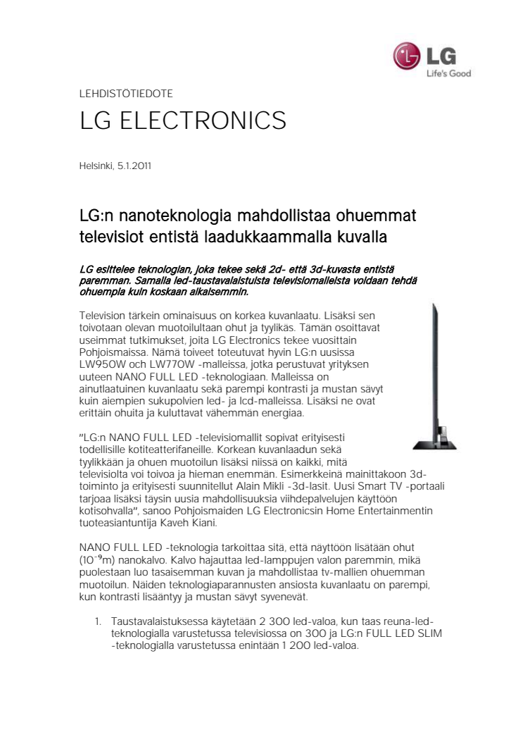 LG:n nanoteknologia mahdollistaa ohuemmat televisiot entistä laadukkaammalla kuvalla