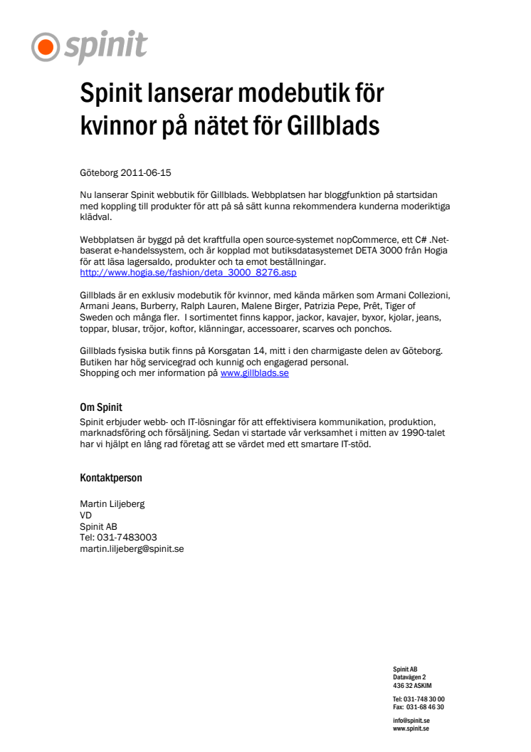 Spinit lanserar modebutik för kvinnor på nätet för Gillblads