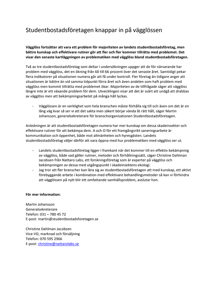 Kartläggning av omfattningen av problemet med vägglöss hos Sveriges studentbostadsföretag