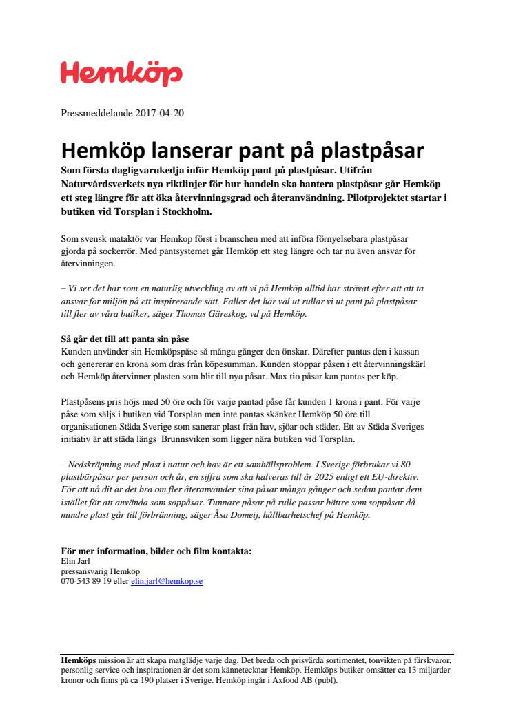 Hemköp lanserar pant på plastpåsar